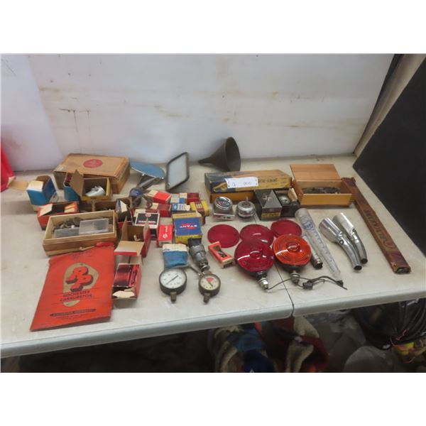 Automotive Lot: Vintage Hardware & Fuel Gauges, Side View Mirrors, Relay, Starter, Compass, Thermos