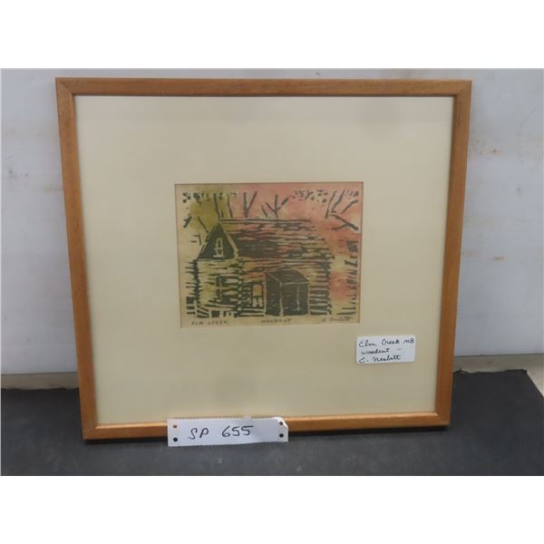 Elm Creek Manitoba Woodcut Picture by E. Nesbitt, 12 1/4" x 13 1/4"