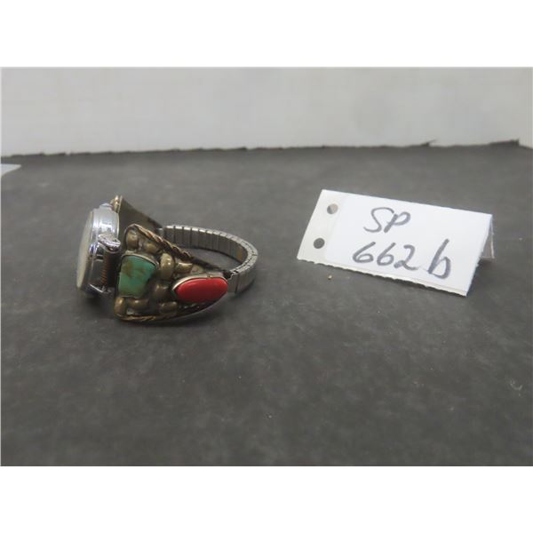 Vintage Native American Watch Band With Turquoise and Coral Stones, Signed LT