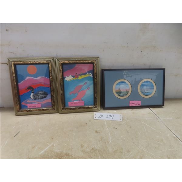 Three Framed Pictures Including Harrison 9" x 7" and Hand-Painted Cesar 1982, 7" x 11"