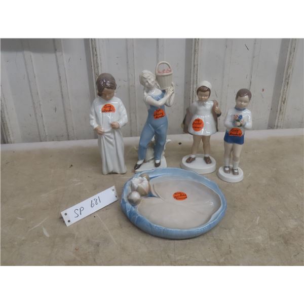 Bing Grondahl and Scheidig Figurines With Water Lily, Tallest 8 1/4"