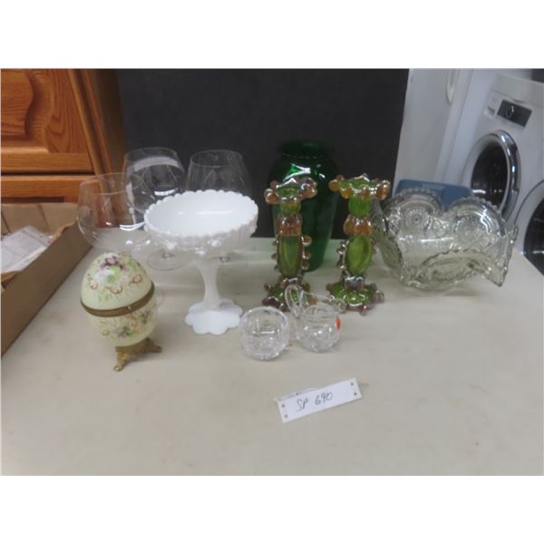 Victorian Opaline Glass Brass Egg 7", Hand-Blown Amber and Green Vaseline Jar, Two Candle Holders 9