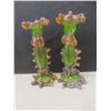 Image 5 : Victorian Opaline Glass Brass Egg 7", Hand-Blown Amber and Green Vaseline Jar, Two Candle Holders 9