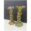 Image 7 : Victorian Opaline Glass Brass Egg 7", Hand-Blown Amber and Green Vaseline Jar, Two Candle Holders 9