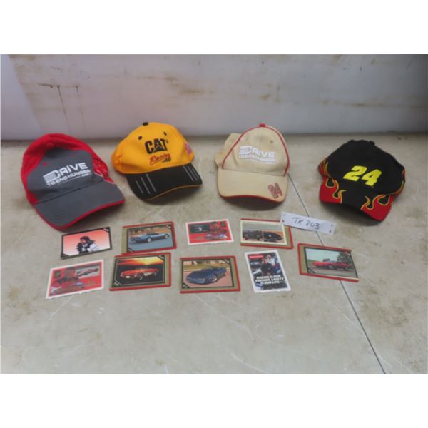 Four Racing Ball Caps and Nine Racing Collector Cards