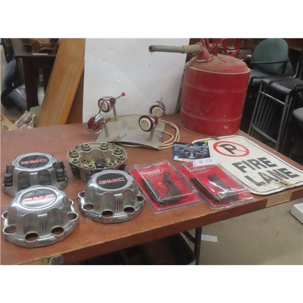 Fire Lane Metal Sign 18" x 12", Gas Safety Can, U-Bolts, GMC Center Caps, Lug Nuts + More