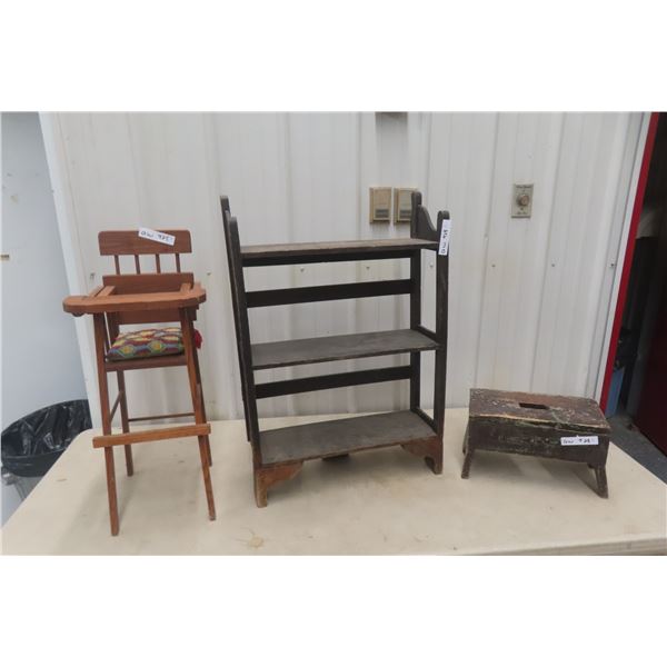 Doll High Chair and Open Bookshelf, 31" x 22" x 7"