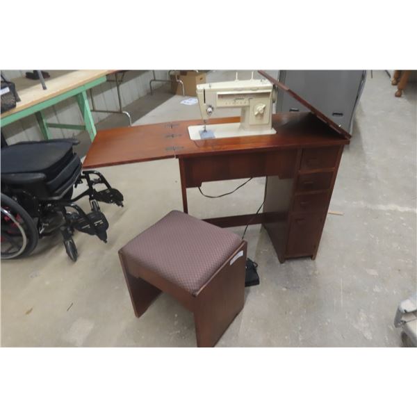 Singer Cabinet Electric Sewing Machine With Drawers Full of Notions