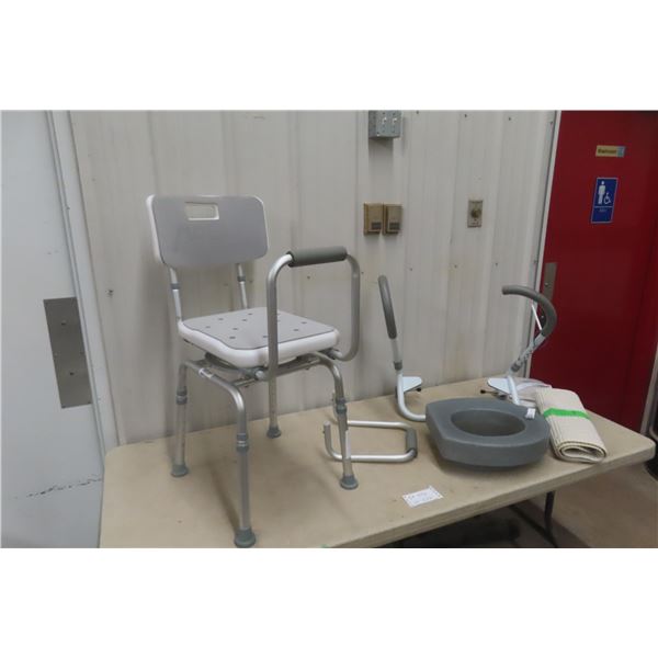 Red Bath Chair, Toilet Riser, and Safety Grab Bars