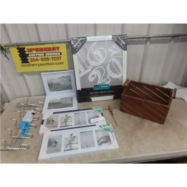 New Five Picture Frames, Over-the-Door Hook Rack, Wood Box 7" x 14" x 10", and Crucifix