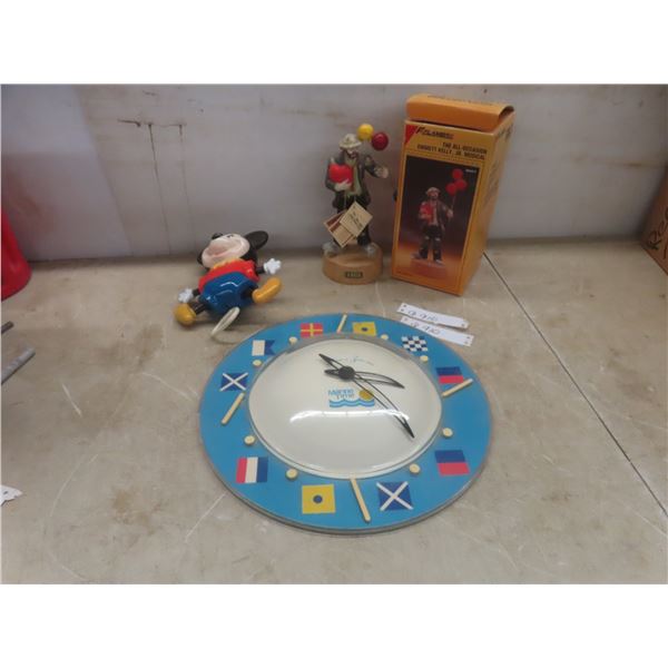 Vintage Ilco Mickey Mouse Musical Pull-String Crib Toy (Working), Marine Time Wall Clock, and The A