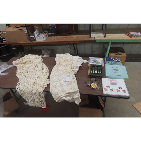 Two Lace Tablecloths, Embroidered Pillow Covers, Silver Forks, Serving Ware, and More