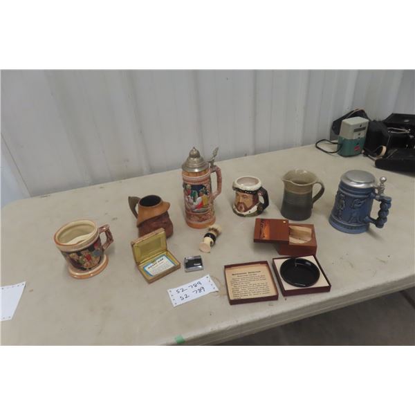 Stein Glasses, Mustach Cup, Pulley, Gas Lighter, and Trinket Box
