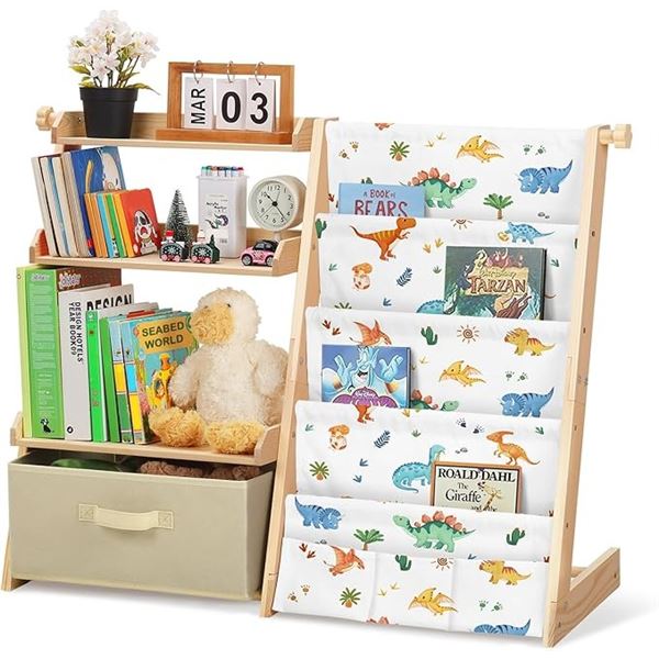 1 Kids Bookshelf & Toy Organizer Shelf ; 4-Tier Wooden Bookshelf with Toy Box - New (Assembly Req'd)