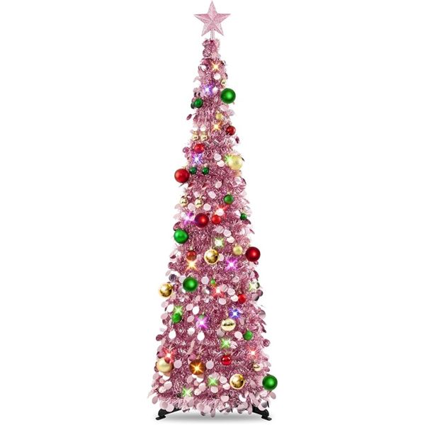 5FT Tall Collapsible Pop-Up Artificial Christmas Tinsel Tree with Lights & Stand - Pink - New!