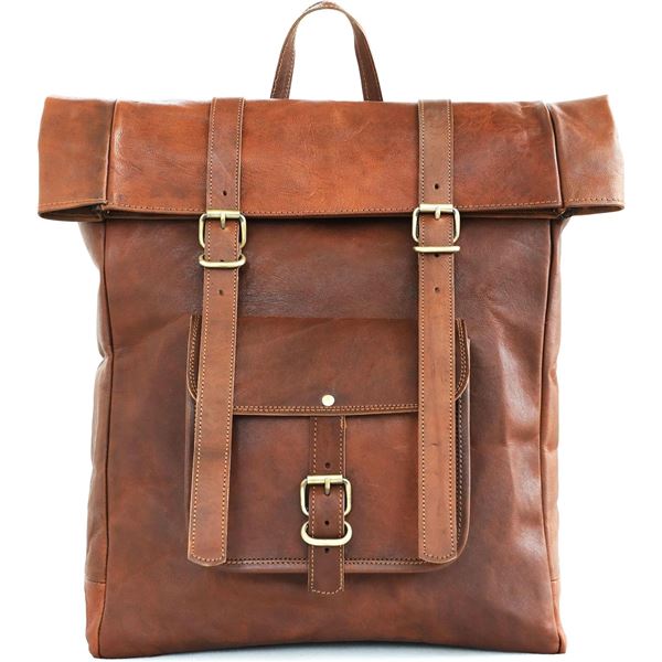 Anuent Roll-Top Leather Backpack/Vintage Brown Large Travel Business Bag - Brand New