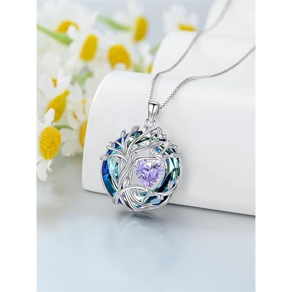 1 Tree of Life Necklace; 925 Sterling Silver Necklace for Women w/ Crystal Birthstone Pendant - New