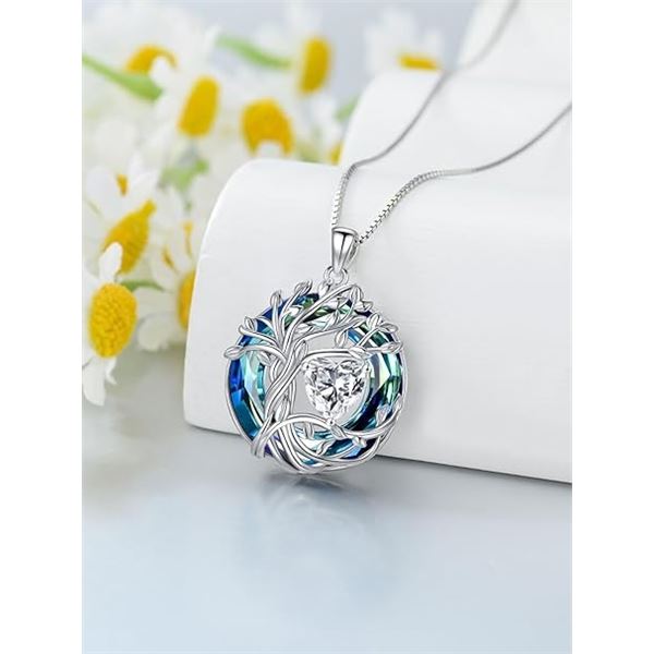 1 Tree of Life Necklace; 925 Sterling Silver Necklace for Women w/ Crystal Birthstone Pendant - New