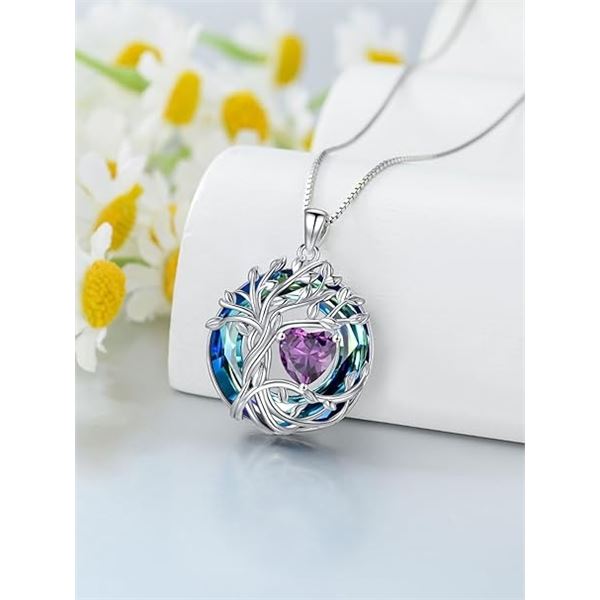1 Tree of Life Necklace; 925 Sterling Silver Necklace for Women w/ Crystal Birthstone Pendant - New