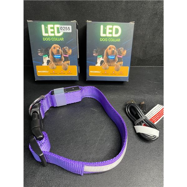 Lot of 2 Masbrill LED Light-Up Rechargeable Dog Collars - Purple - Size S - New