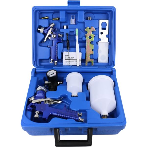 HVLP Air Gravity Paint Spray Gun Set; 2-Sprayer Auto Gravity Feed Paint Gun Kit - NEW