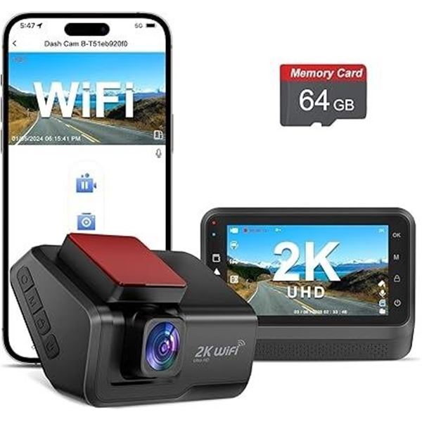 1 2K Front Dash Cam with WiFi/App Control; Night Vision, Loop Recording, G-Sensor; 64GB SD Card