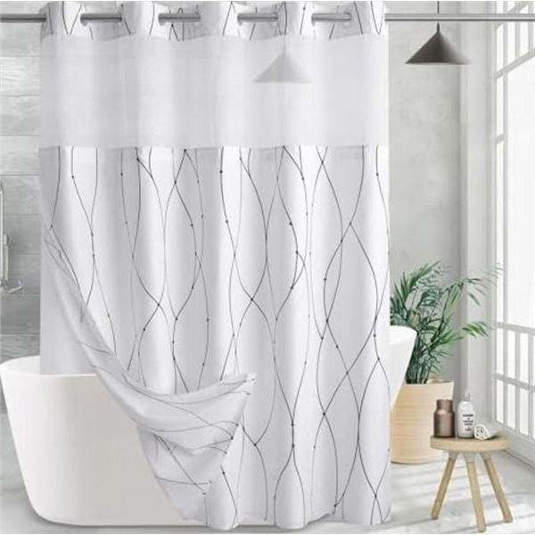 Lot of 2 Grey/White Striped Fabric Shower Curtains with Snap-In Removable Liner for Bathroom - New