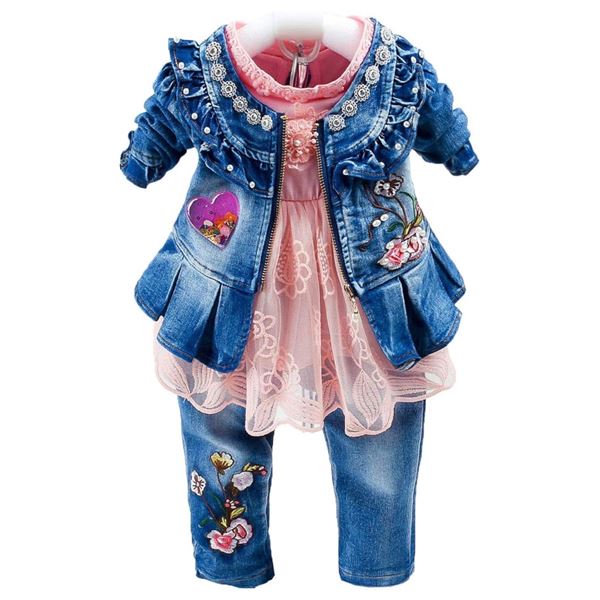 Autumn Baby Clothes 3PCS Set Long Sleeve Shirt Denim Jacket and Jeans Size 6-12months - New