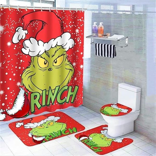 4PC Christmas Grinch Design Bathroom Mat/Shower Curtain Set - Brand New