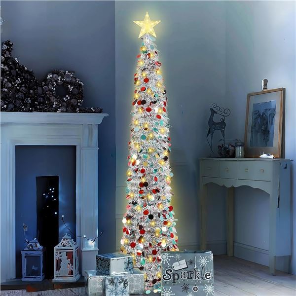 5FT Tall Pop-Up Christmas Tree/Collapsible Artificial Tinsel Tree with LED Lights & Star - New
