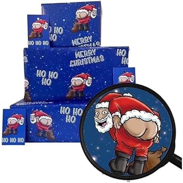 4 Packs of Funny Mooning Santa Christmas Wrapping Paper Sheets (2 Sheets/Gift Tags Each) - New