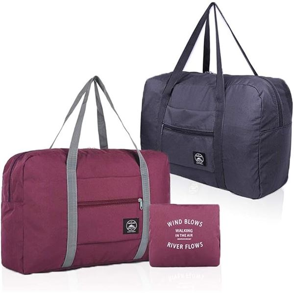 Lot of 4 Foldable Travel Duffel Bags (2x 2-Packs) Waterproof/Lightweight Bags - Dark Blue/Wine Red