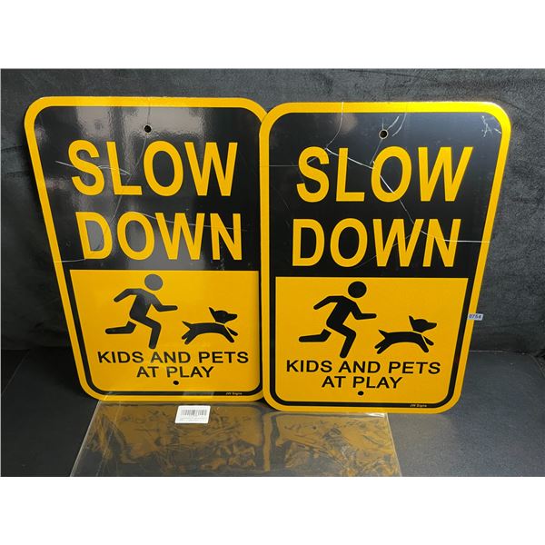 Lot of 2 "SLOW DOWN - KIDS AND PETS AT PLAY" Signs for Driveway/Yard - Large 18" x 12" Size - New