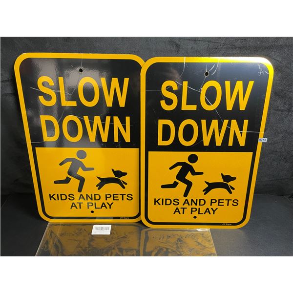 Lot of 2 "SLOW DOWN - KIDS AND PETS AT PLAY" Signs for Driveway/Yard - Large 18" x 12" Size - New
