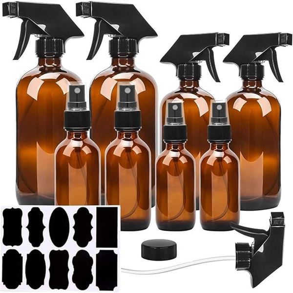 8-Pack Box of Assorted Amber Glass Refillable Spray Bottles with Adjustable Nozzles & Labels - New