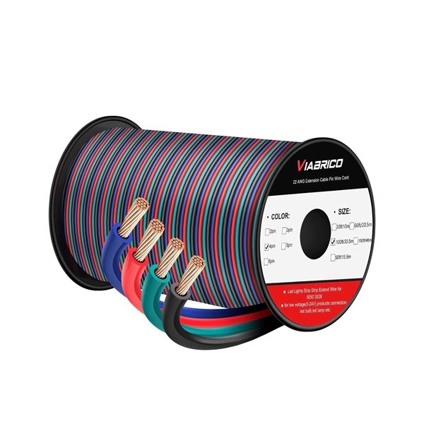 Lot of 2 Viabrico 100FT Spools of 22awg 4PIN Wire for LED/RGB/Cars/Interior and Outdoor Use - New
