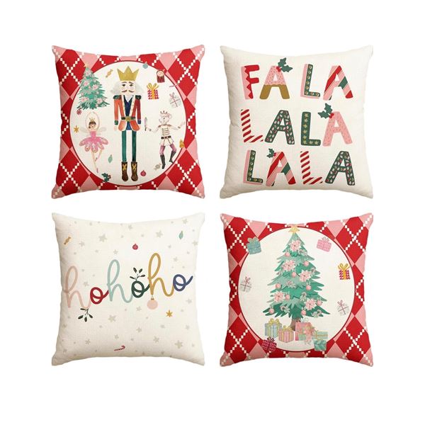 3 4-Packs of Holiday Festive Pillow Cases 18x18" - Nutcracker/Christmas Designs - New