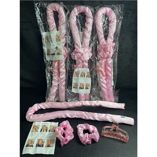 Lot of 4 Sets of Heatless Hair Curlers for Long Hair with Scrunchies & Claw Clip (Pink) - New