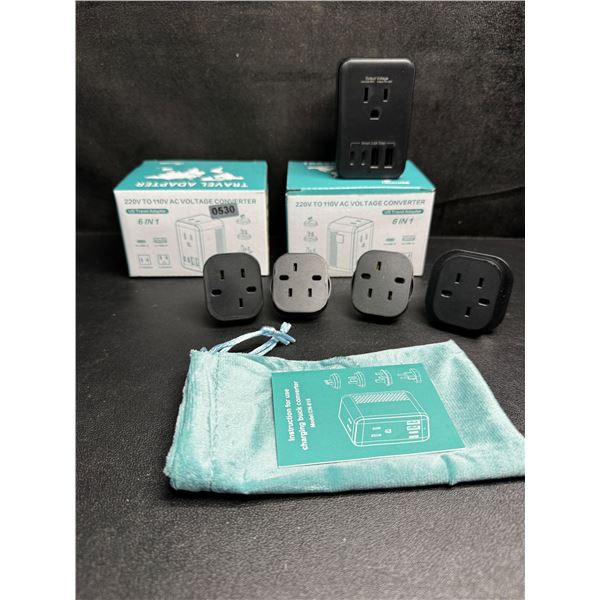2 220V to 110V AC Voltage Converters 6-in-1 Travel Adapter Plug w/ USB-C & USB-A Ports - New