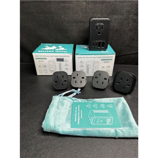 2 220V to 110V AC Voltage Converters 6-in-1 Travel Adapter Plug w/ USB-C & USB-A Ports - New