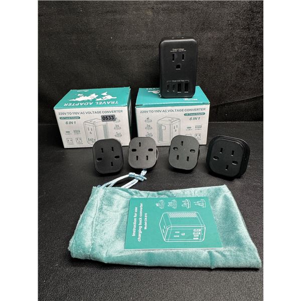 2 220V to 110V AC Voltage Converters 6-in-1 Travel Adapter Plug w/ USB-C & USB-A Ports - New