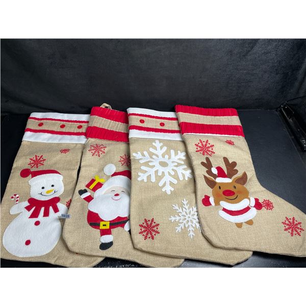 4-Pack of Christmas Stockings - Large 19" Size; Santa/Snowman/Reindeer/Snowflake Design - New
