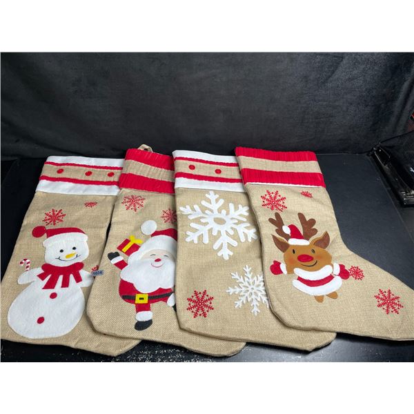 4-Pack of Christmas Stockings - Large 19" Size; Santa/Snowman/Reindeer/Snowflake Design - New