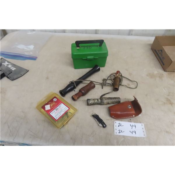 Four Duck Calls W/ Ammo Case, Arrow Rest, and Folding Pocket Knife