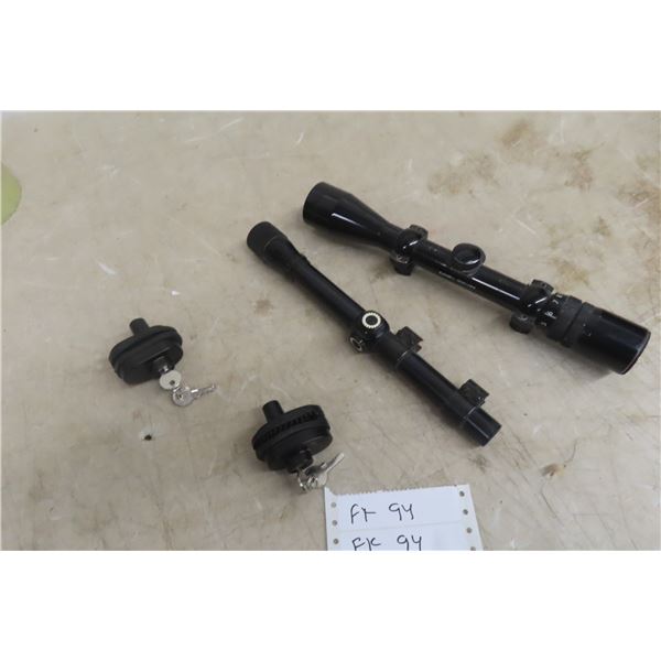Two Rifle Scopes W/ Bushnell Sportview 3 x 9 and Weaver .22 Scope, Plus Two Keyed Trigger Locks