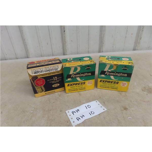 Vintage Imperial 12 Ga Ammo Box W/ Five Rounds Plus Two Empty Vintage Rem Express Boxes