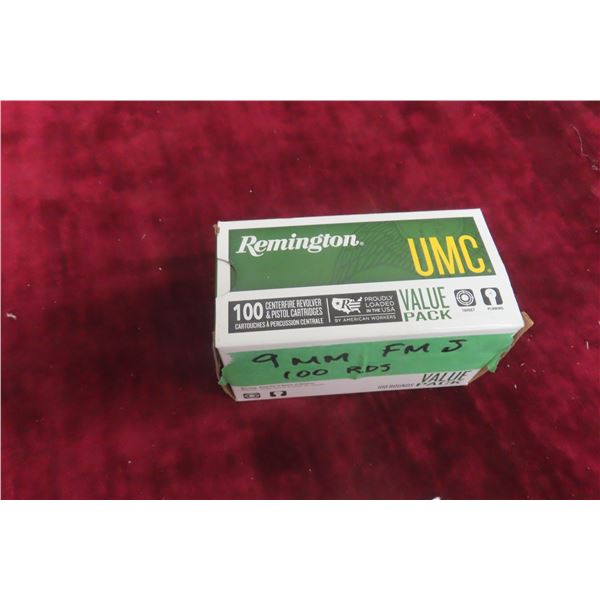 100 Rounds of Remington UMC 9mm FMJ Ammunition