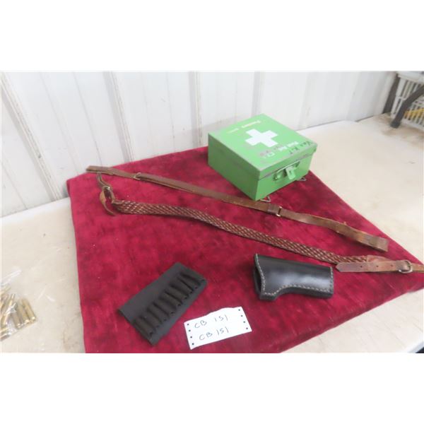 Pistol Holster, Ammo Stock Belt, 2 Leather Gun Slings, CN Medic First Aid Box