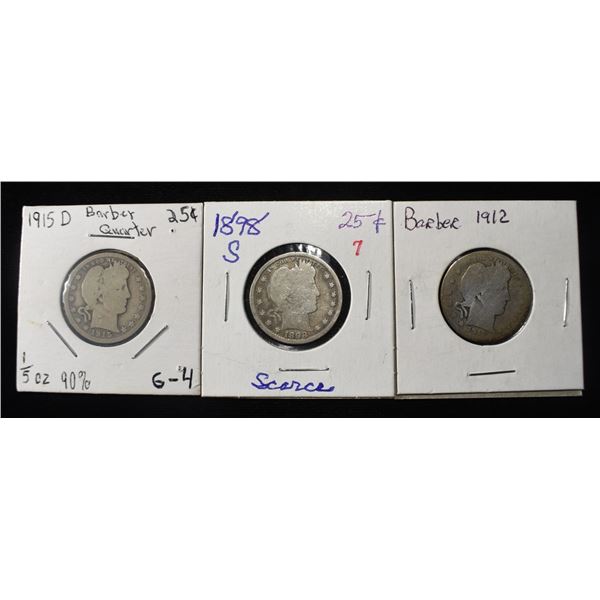 (3) BARBER QUARTERS 90% SILVER