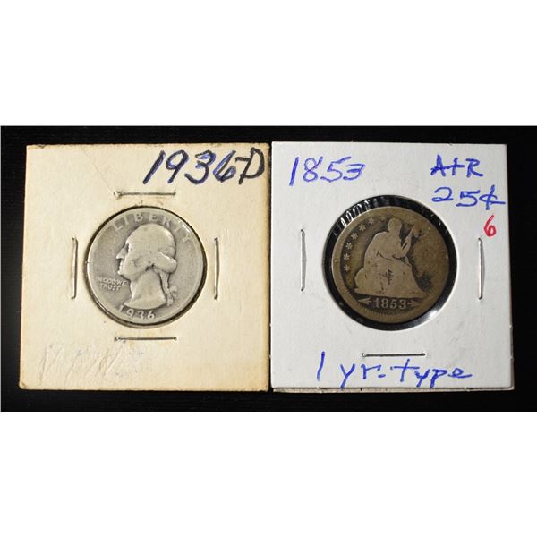 1936-D WASHINGTON  & 1853 SEATED LIBERTY QUARTERS
